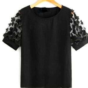 BLACK, FLORAL MESH SHORT SLEEVE, KNIT TOP